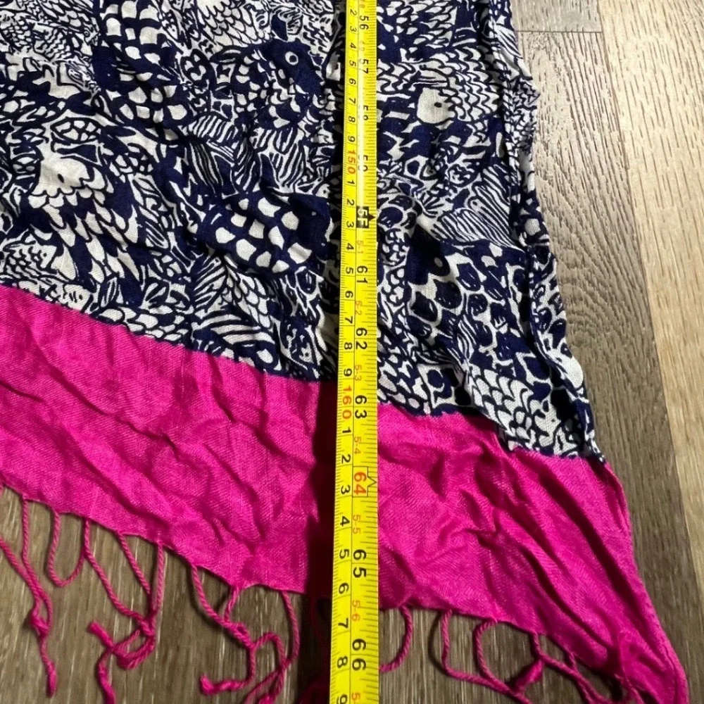 Lilly Pulitzer Scarf Sarong Womens OS Pink Navy Sea Life Print Tassel Fringe